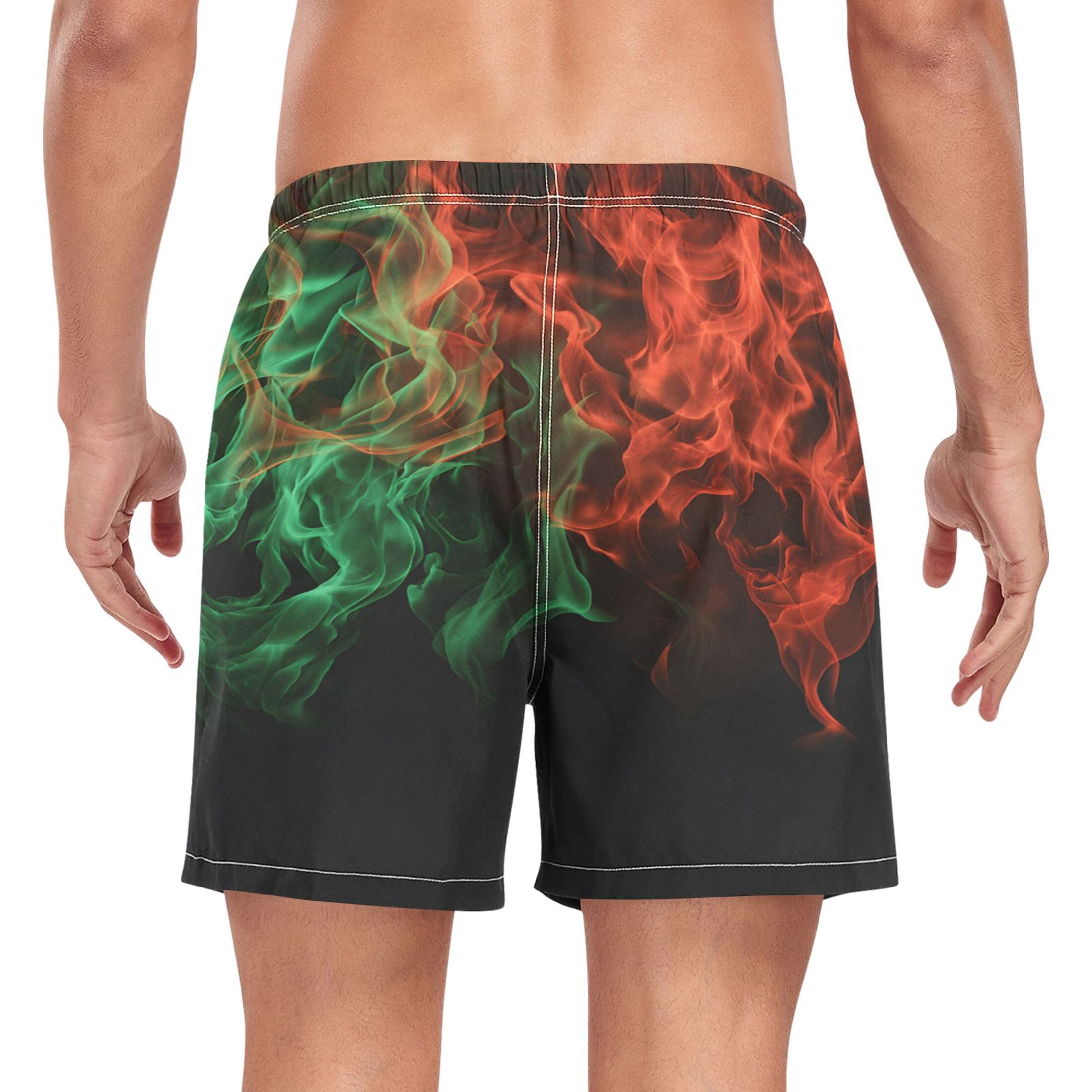 joogoo Men's Red Green Flames Swim Trunks with Liner Pocket Beach Shorts Large