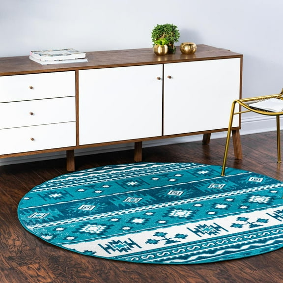Rugs.Com Lucerne Collection Round Rug ‚Äì 5 Ft Round Blue Low-Pile Rug Perfect For Kitchens, Dining Rooms