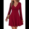 thumbnail image 2 of Vestido Mini de Otoño para Mujer, de Larga, Cruzado, con Cuello en V, Fluido, Corte A, Informal, Elegante, para Trabajo y Negocios. Vino Tinto L, 2 of 8