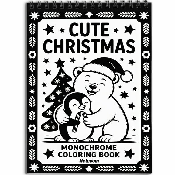 Cute Christmas Monochrome Coloring Book Spiral Bound for Adults, Softcover, Relaxing One-Color Illustrations with Santa, Funny Animals, and Festive Scenes for Mindfulness, Stress Relief