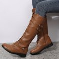 thumbnail image 3 of Rokment Vintage Knee High Combat Boots for Women Casual Buckles Leather Lace up Platform Wedge Mid Heels Mid Calf Motorcycle Riding Tall Booties, 3 of 8