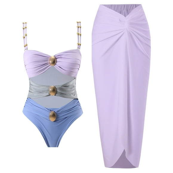 FcBaudy 2 Piece Swimsuit for Women, Swim Suits for Women, Women's Color Block Metal Buckle Adjustable Suspenders Backless Bikinis Sets Women Nylon Swimsuit