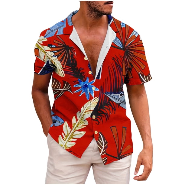 Mens Manga Corta Botón Abajo Camisas Gira Cuello Impresión Botón Camisa, Casual Blusa de Verano para Hombres