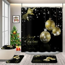 4 Pcs Merry Christmas Shower Curtain Sets with Non-Slip Rug, Toilet Lid Cover and Bath Mat, Silver Xmas Balls Shower Curtain with 12 Hooks, Black Background Bathroom Decor, 72" x 72"