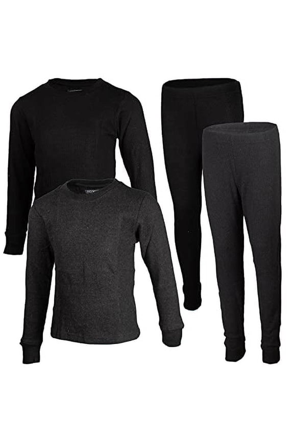 Boys 2-Pack Thermal Waffle Active Base Layer Sets| Long Sleeve Shirt and Pants