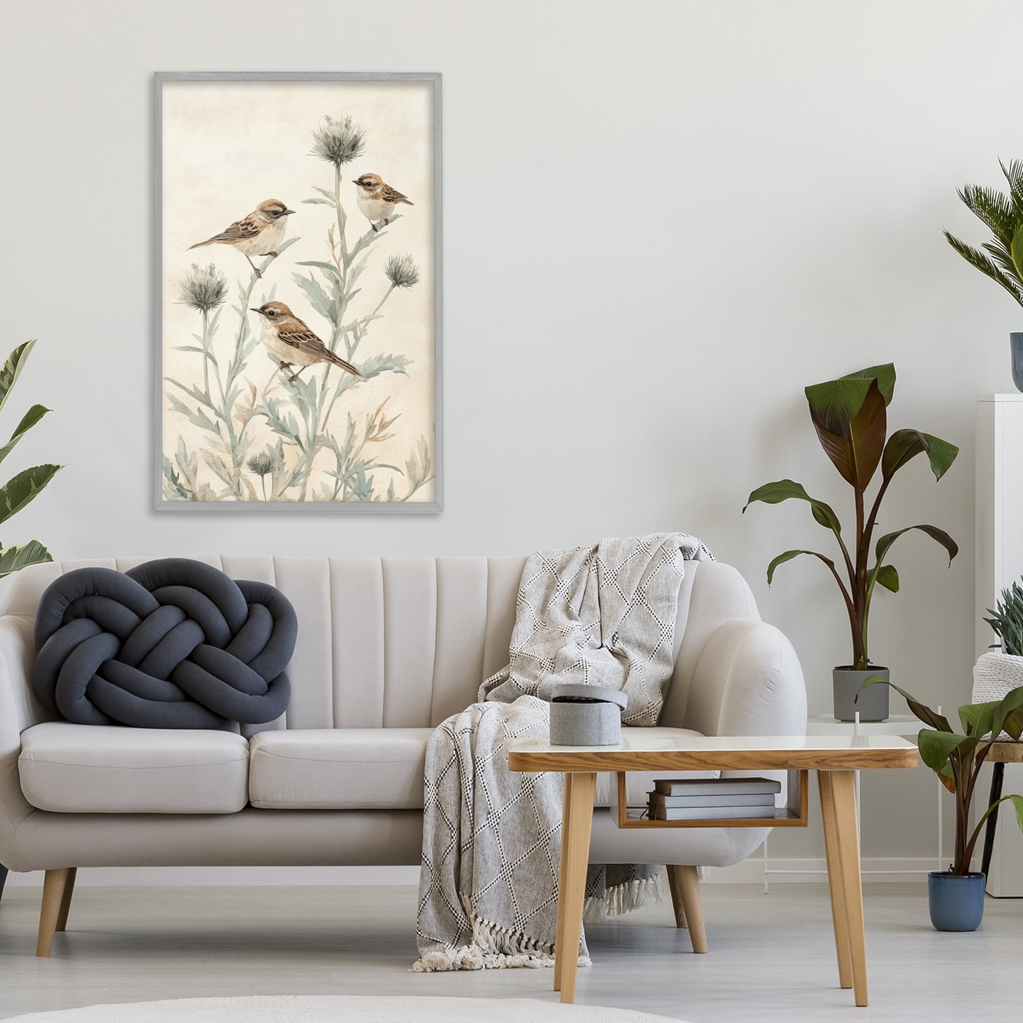 Stupell Industries Sparrows on Thistle Stems Gray Framed Giclee Art, design by Petal Prints Design