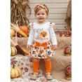 thumbnail image 3 of RUINIXCW Newborn Baby Girl My First Thanksgiving Outfit Infant Baby Girl Fall Winter Clothes Cute Turkey Letter Print Long Sleeve Jumpsuit and Skirt Skort Socks Headband Set, 3 of 9