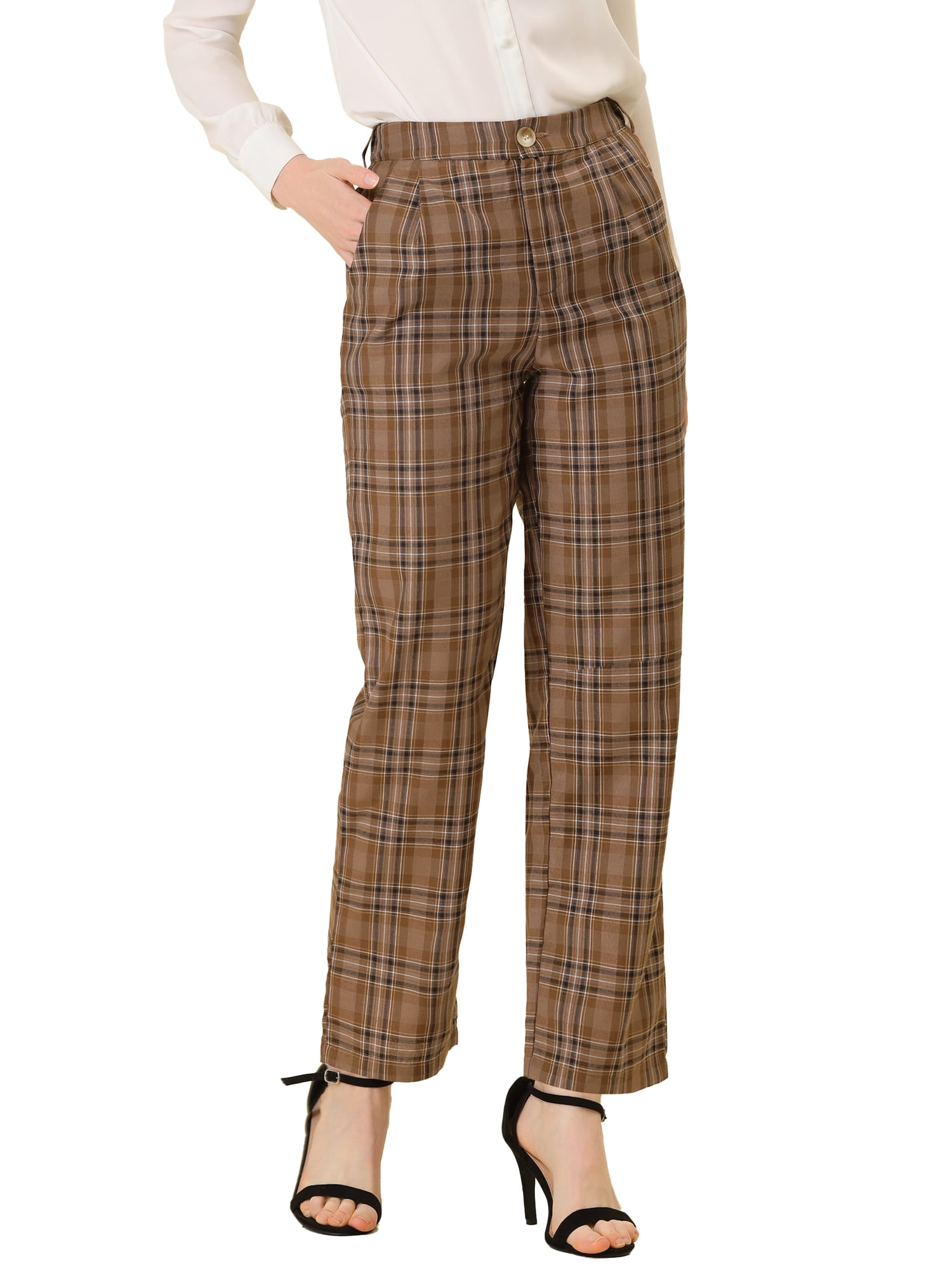 DARING DIVA Women's Plaid Trousers Pockets Straight Leg Casual Pant XL Brown