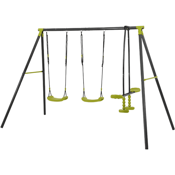 Alvantor Three Seat Swing Set with Face-to-Face Swing and Two Seats for Kids Indoor Outdoor Backyard Playground Easy Assembly Green