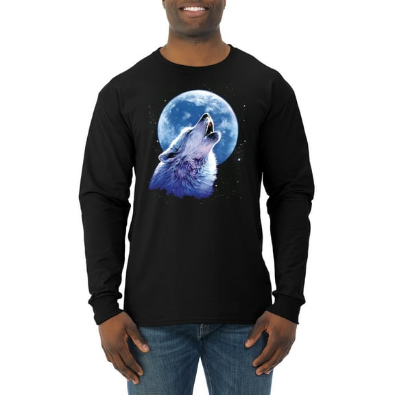 Wolf Howling at the Moon | Mens Animal Lover Long Sleeve T-Shirt, Black, Small