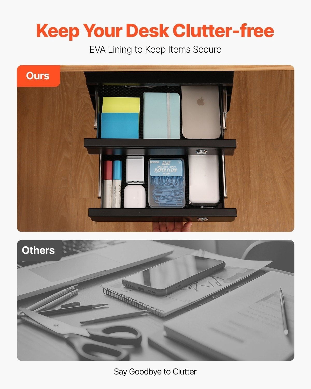 Under Desk Drawer, 13" Wide Slide Out Organizer, Lockable Hidden Storage, Undermount Pencil Drawer for Desk, 2 Layer Desk Organizer for Sit Stand Workstation, 14x13x10in