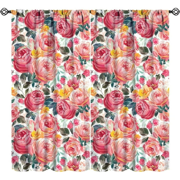 Pink Rose Flower Blackout Curtains Colorful Watercolor Botanical Flowers Blossom Green Leaves for Girls Women Bedroom Living Room Bathroom Rod Pocket Decoration Window Drapes 2 Panels W42xL84in