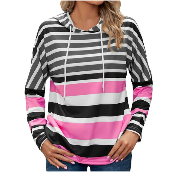 Stripes Hoodie Womens Long Sleeve Fashion Striped Printed Hooded Drawstring Casual Sweatshiret Tops Loose Fit