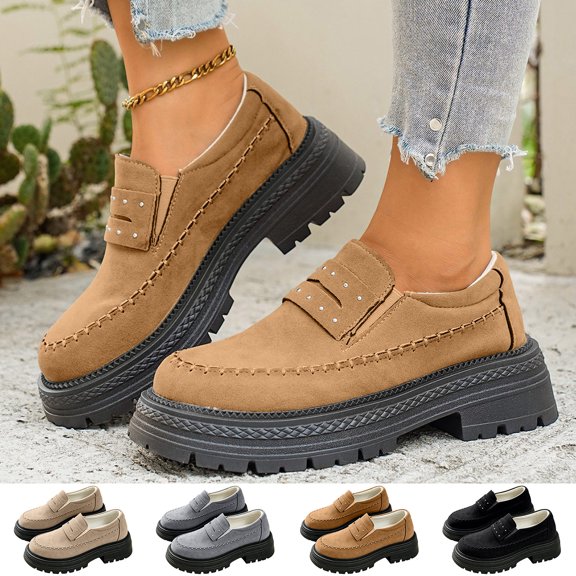 Fall Winter Women Chunky Platform Loafers, Faux Suede Buckle Slip‑On Shoes, Lug Sole Casual Shoes