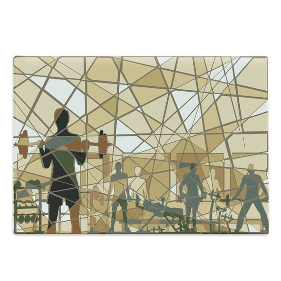 Fitness Cutting Board, Mosaic Design of People Exercising in a Gym Barbells Weightlift, Decorative Tempered Glass Cutting and Serving Board, Large Size, Slate Blue Pale Brown, by Ambesonne
