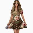 thumbnail image 2 of Elegant Floral Print Pattern Women Dress V-Neck Short Sleeve Flowy Swing Party Midi Dress, 2 of 4