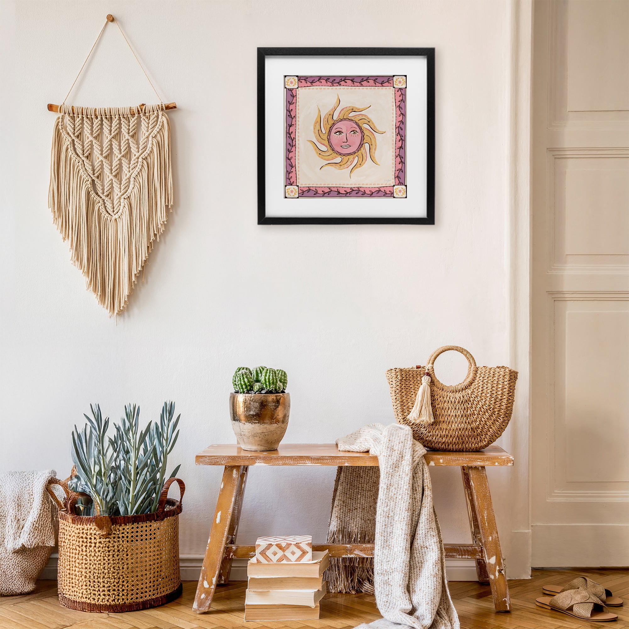 Stupell Industries Pink Sun Face with Leaf Border Black Framed Print Under Glass, design by Two If By Sea Studios