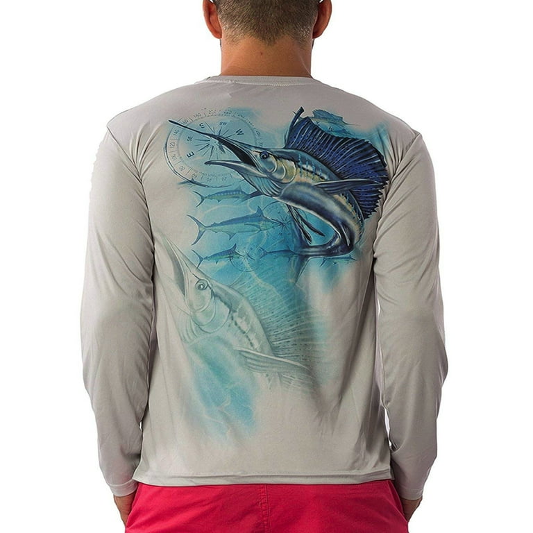 Men's Dri Fit Moisture Wicking Quick Dry UPF 40 UV Athletic Performance  Long Sleeve Sport Shirt (Medium, White - Fishing Boat) 