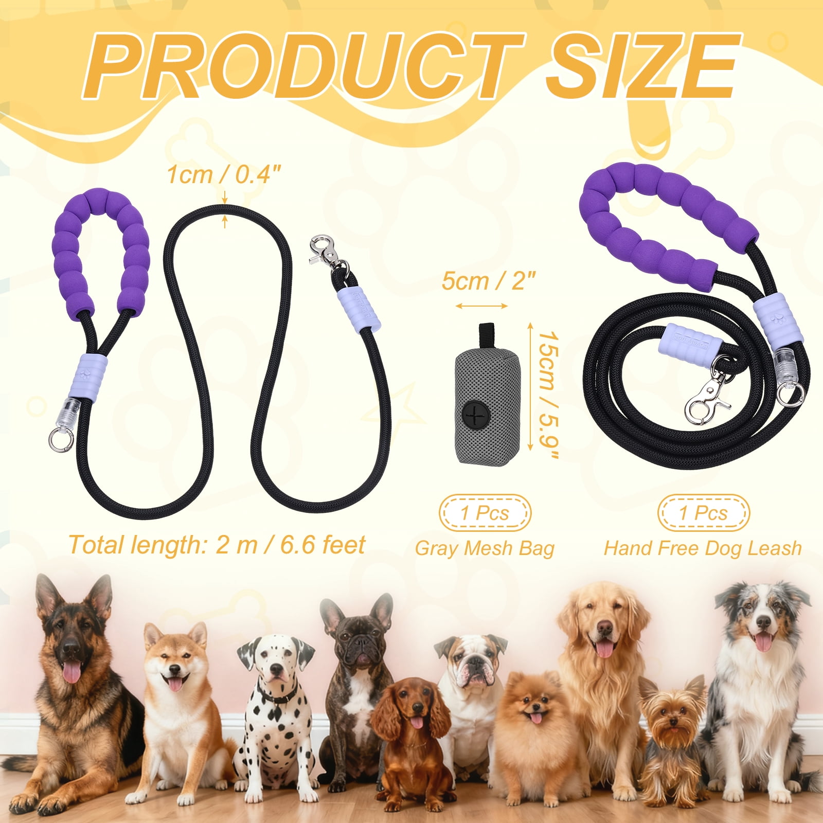 Uxcell Dog Leash with Padded Hands Free, 6.6ft/2m Adjustable Bungee Dog Training Leash, No Pull Heavy Duty Rope(Black, Gray Bag), Intended for Large Medium Pet Running/Hiking/Walking