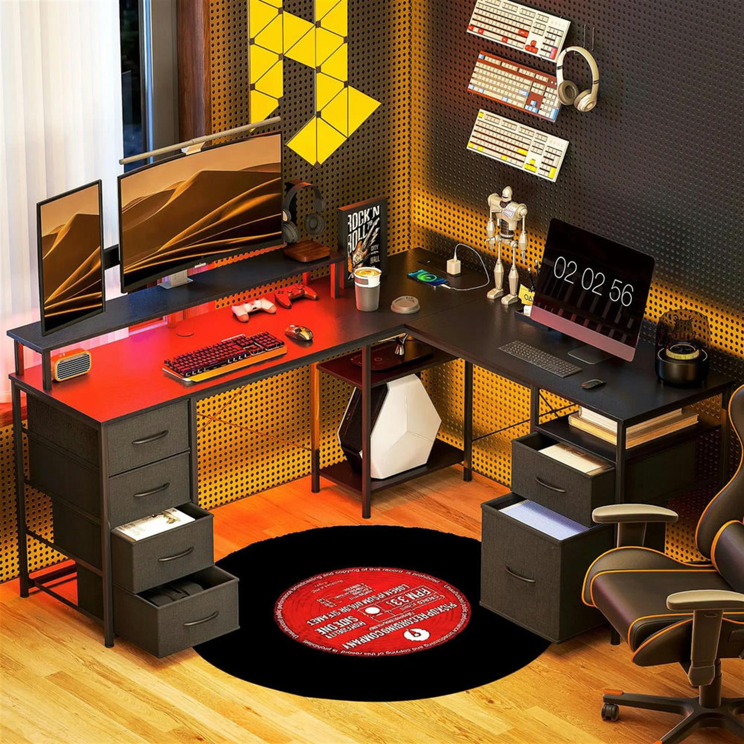 Demi Bonn 66" Reversible L Shaped Corner Office Desk with LED Lights and Power Outlets, Home Computer Desk for Living Room, Office, Study Table PC Desks, Black