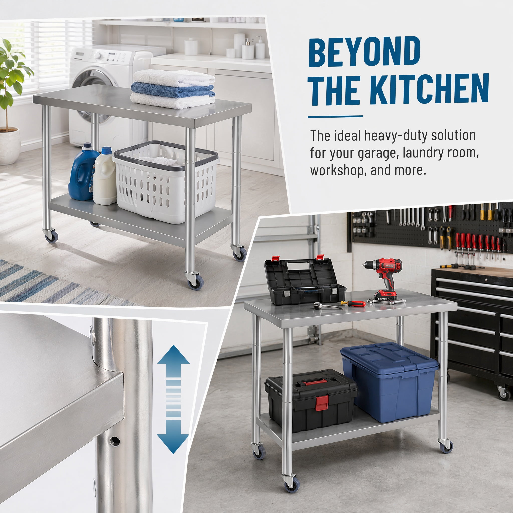 GARITIN 36 x 24 Inch Commercial Work Table with Wheels, Stainless Steel Kitchen Prep Table with Under Shelf for Restaurant & Home, Silver