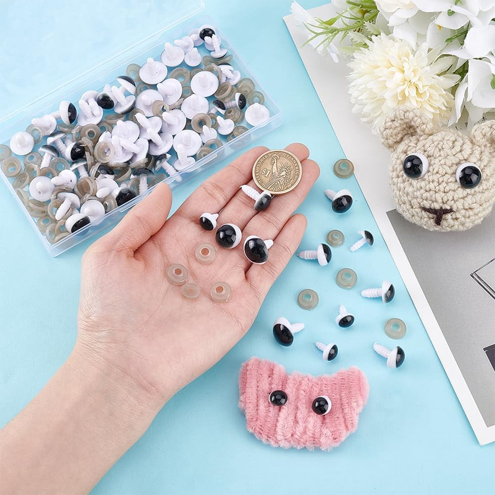 PH 80pcs 4 Sizes Safety Eyes for Crochet 10/12/14/16mm Crochet Eyes Amigurumi Eyes Stuffed Animal Eyes Large Craft Eyes with Washers for Puppet Bear Teddy Bunny DIY Arts Crafts Making Black DIY