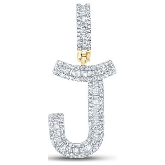 14kt Yellow Gold Mens Baguette Diamond J Initial Letter Charm Pendant 3/4 Cttw