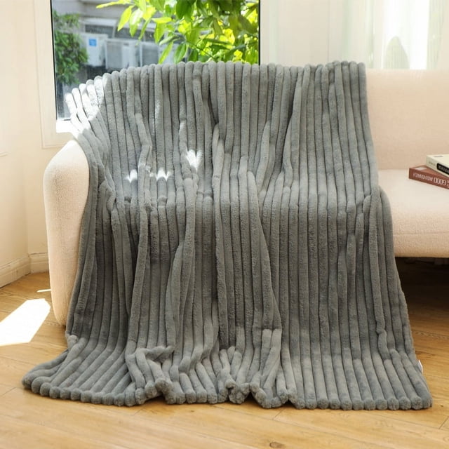 Manta de piel de conejo de imitación de jacquard a rayas, manta de piel artificial para otoño e invierno, manta gruesa de doble capa, manta de tijeras de piel de conejo