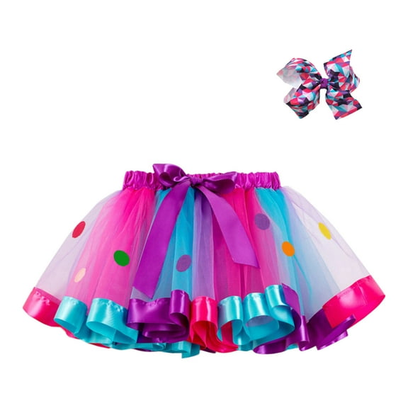 LEWKW Toddler Girls Tutu Skirt Polka Dot Print with Matching Hair Bow Rainbow Ribbon Trim Tulle Mesh Dance Costume Birthday Party Twirly Skirt