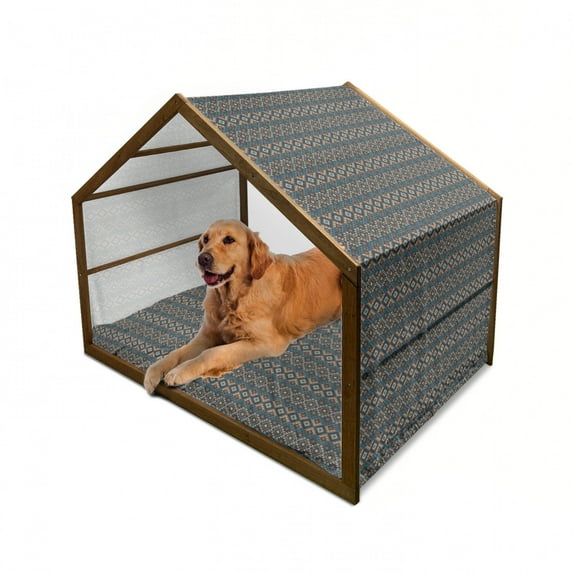 Ethnic Pet House, Knitted Jacquard Illustration Texture Image Geometric Style, Outdoor & Indoor Portable Dog Kennel with Pillow and Cover, 5 Sizes, Brown and Dark Blue, by Ambesonne