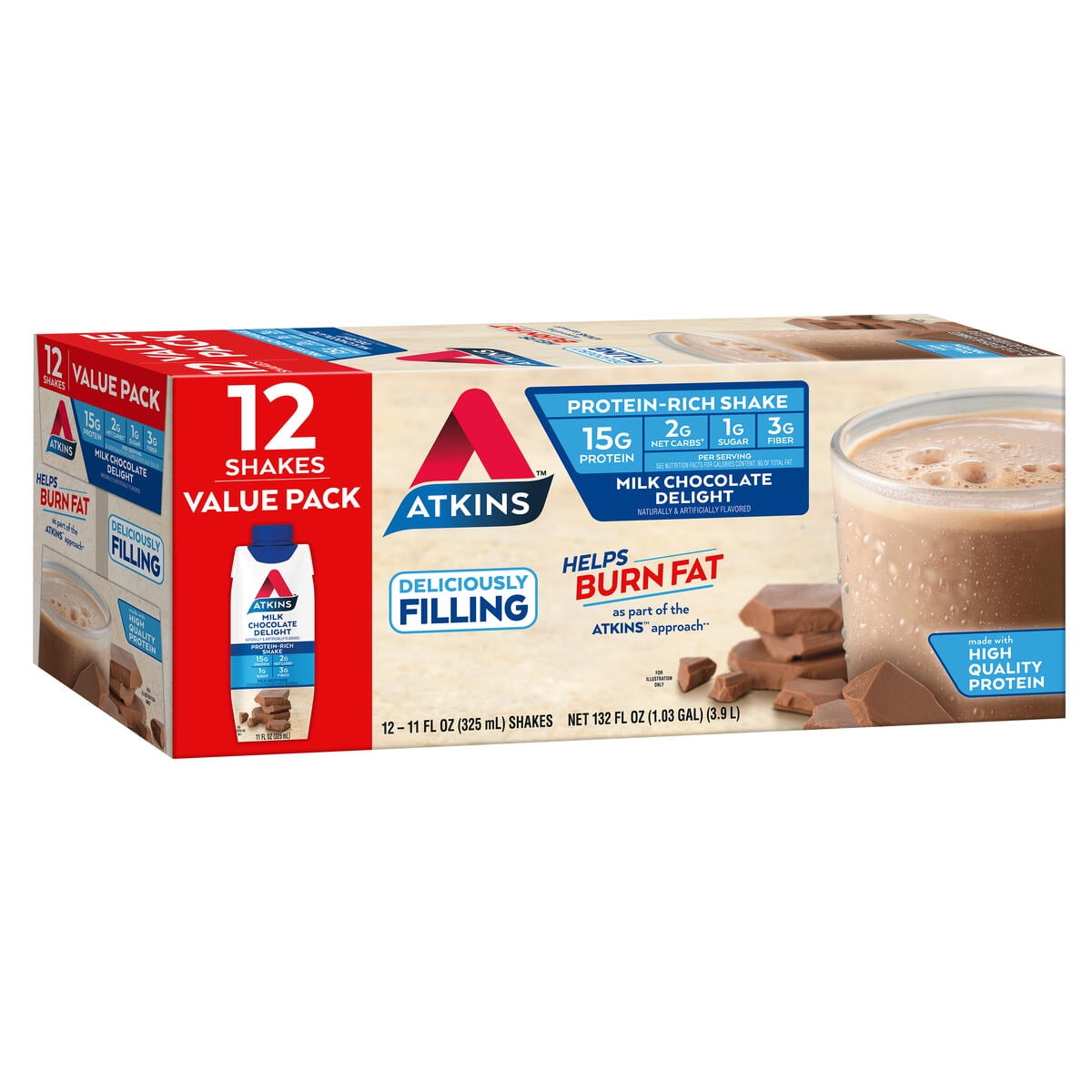 Atkins Protein Shake, Milk Chocolate Delight, 15g Protein, Keto Friendly, 11.0 oz., 12 Count
