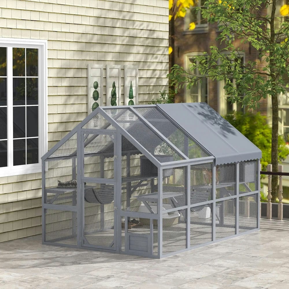 Spaco Wooden Cage Outdoor Cat Enclosure with Waterproof Cover, 2 Condos, 6 Platforms, Bridge, Doors, Gray