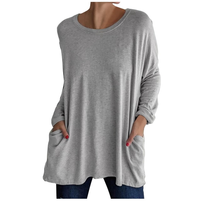 Simua Chandails et Blouses Décontractés pour Femmes à Manches Longues, Col Rond, avec Poche, Tunique Style Chandail en Molleton, Gris, m