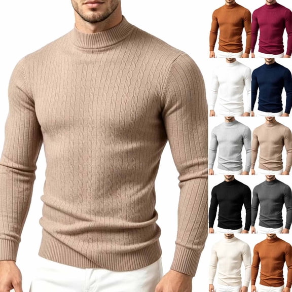 Mens Fall Winter Turtleneck Sweater Slim Fit Cable Knitted Casual Pullover Ribbed Long Sleeve Sweaters