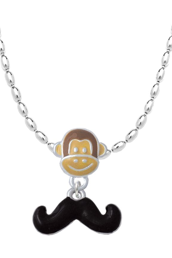 Silvertone Small Black Enamel Mustache Mia Monkey Charm Necklace