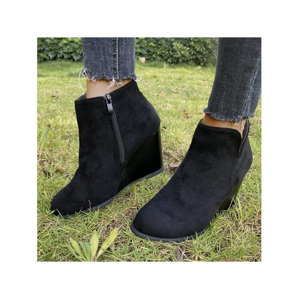 UKAP Womens Ankle Boots Side Zip Bootie Faux Suede Wedge Heel