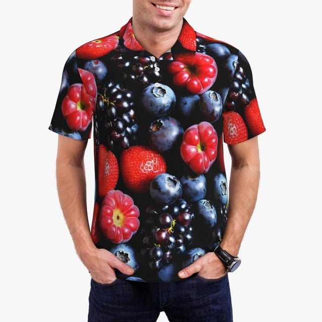 Balery Variety Of Fruits And Berries Camisa Polo de Hombre con Estampado, de Manga Corta y Tejido Medio, Camisa Tipo Golf Polo-Large