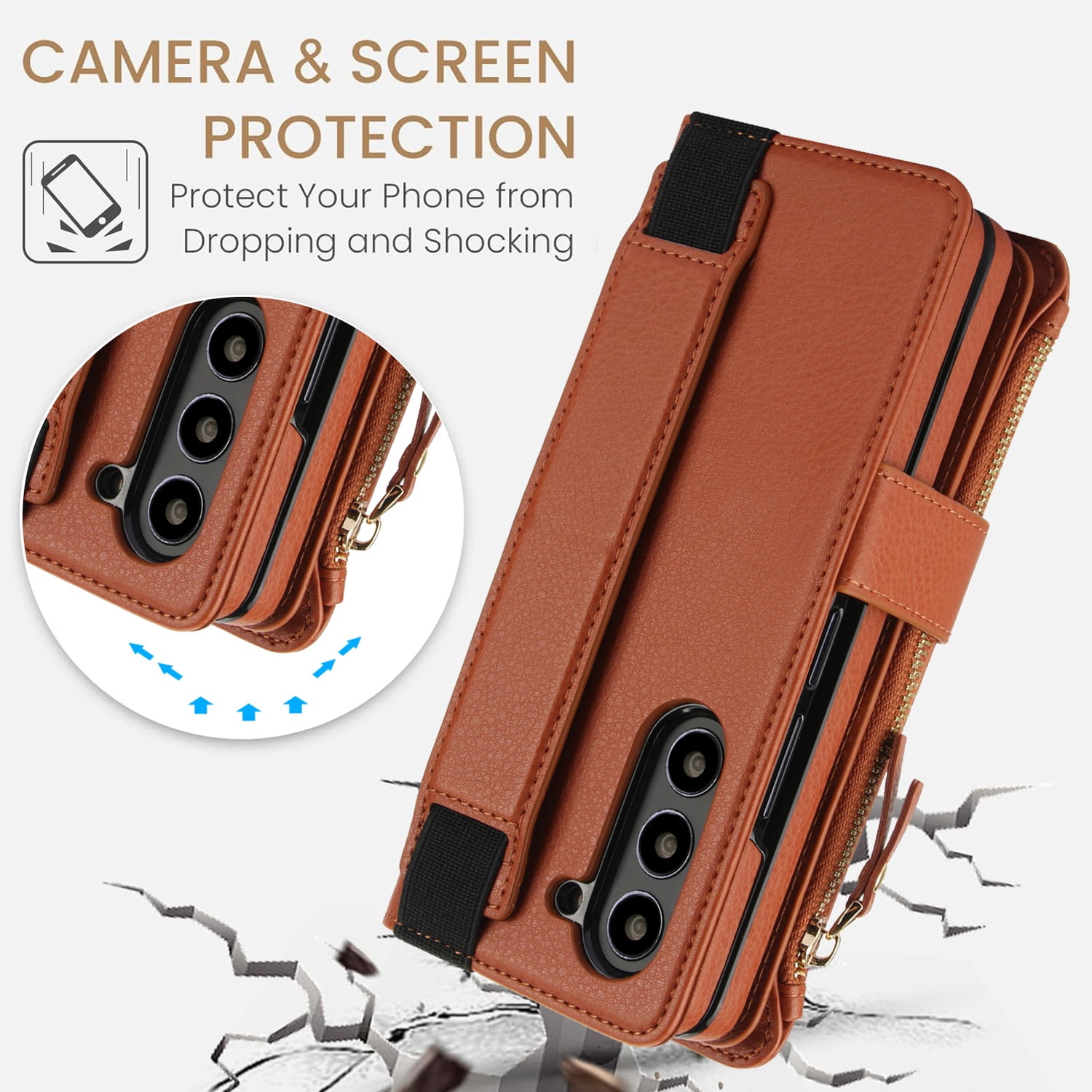 Allytechgroup for Samsung Galaxy Z Fold 7 Case Wallet, 7 Cards Slots Cash Zipper Pocket S Pen Holder Hand Strap Wrist Flip Cover Protective Phone Case for Samsung Galaxy Z Fold 7,Brown