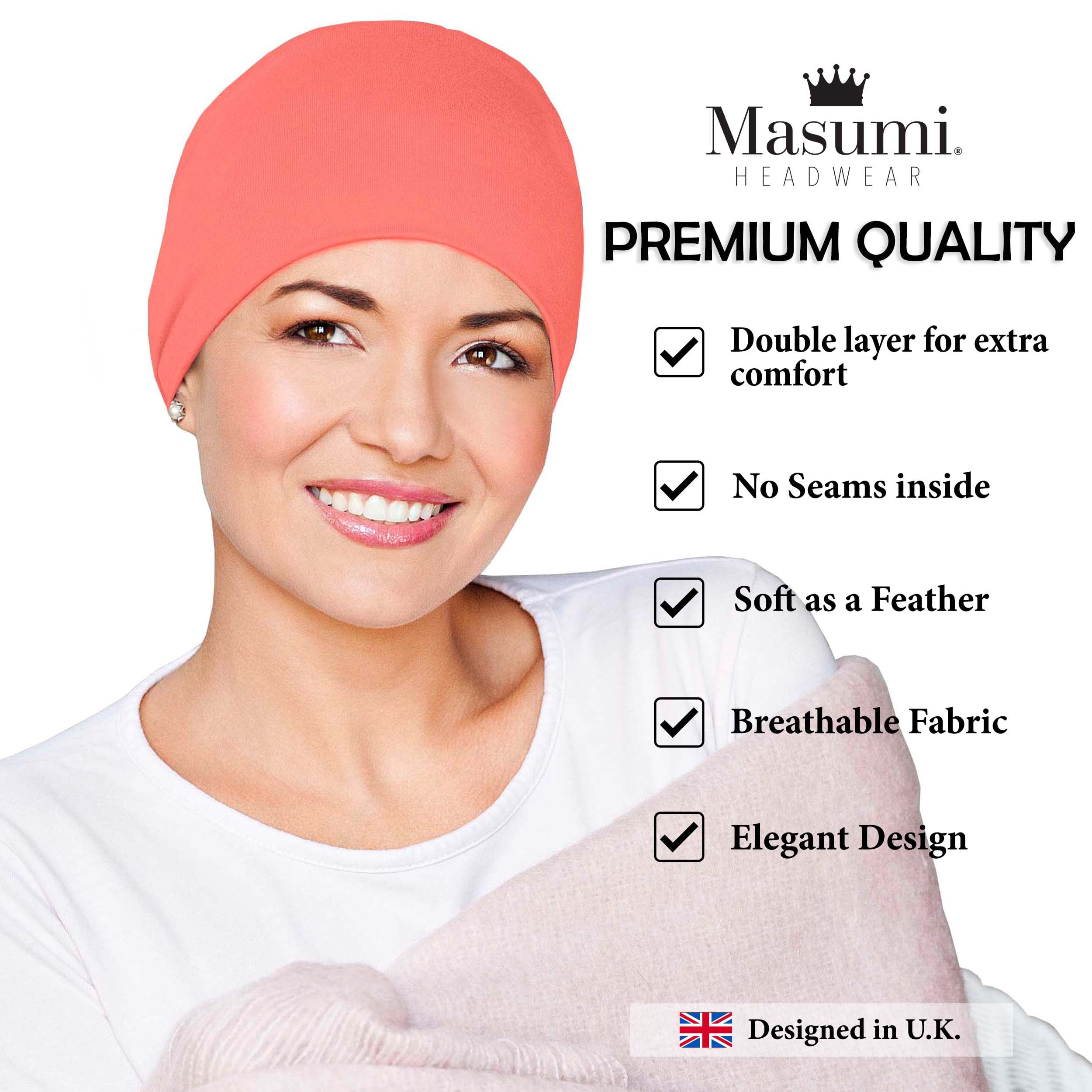 MASUMI Chemo Sleep Hat for Women, Soft Cotton Hats for Ladies, Chemo Headwear Turbans Cap Beanie Cancer Head Coverings with Double Layer (Coral)