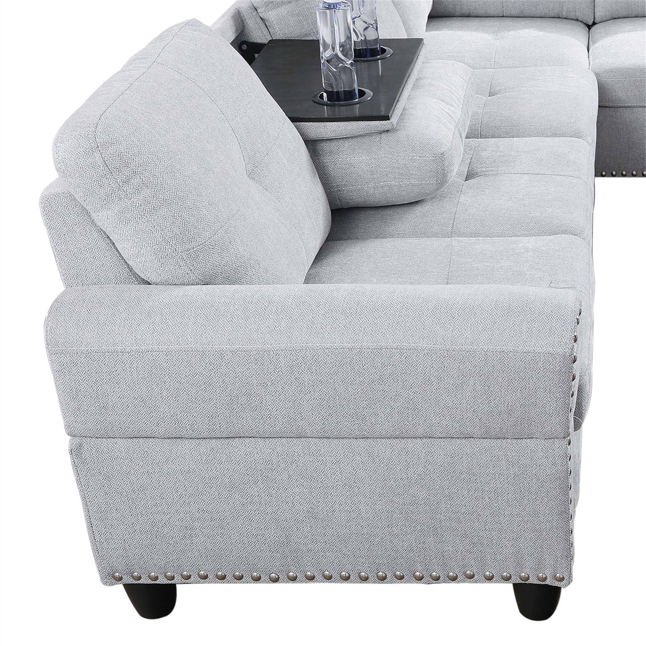 Aukfa 3 Piece Sofa Set, L shape Sectional Couch with Storage Ottoman&Cup Holder, Linen, Right Hand, Light Gray