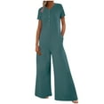 thumbnail image 3 of Feancey Wide Leg Jumpsuit for Women Dressy Casual Short Sleeve Button Rompers Solid Color Loose Playsuits Summer Beach Vacation One Piece Jumpsuits with Pockets Light Blue S, 3 of 9