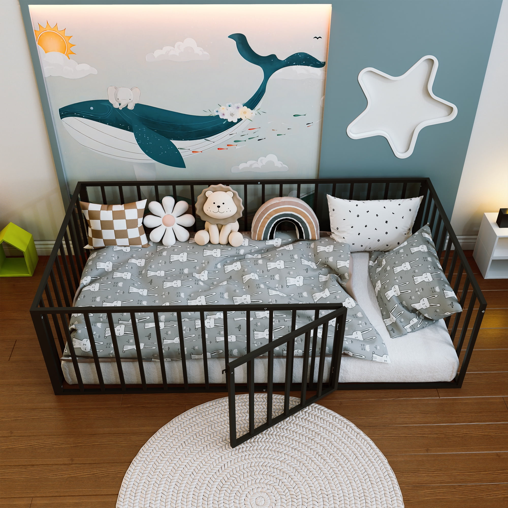 Leumius Twin Size Montessori Floor Bed with Fence & Door, Heavy-Duty Metal Frame with Low-Profile Guardrails, Safe Play-Sleep Zone Black