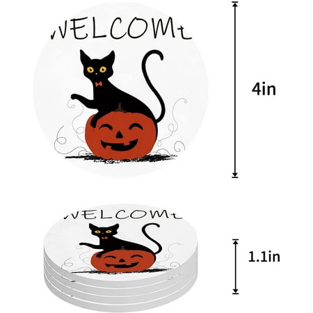 

FMSHPON Happy Halloween Black Cat and Funny Pumpkins Set of 6 Round Coaster for Drinks Absorbent Ceramic Stone Coasters Cup Mat with Cork Base for Home Kitchen Room Coffee Table Bar Decor