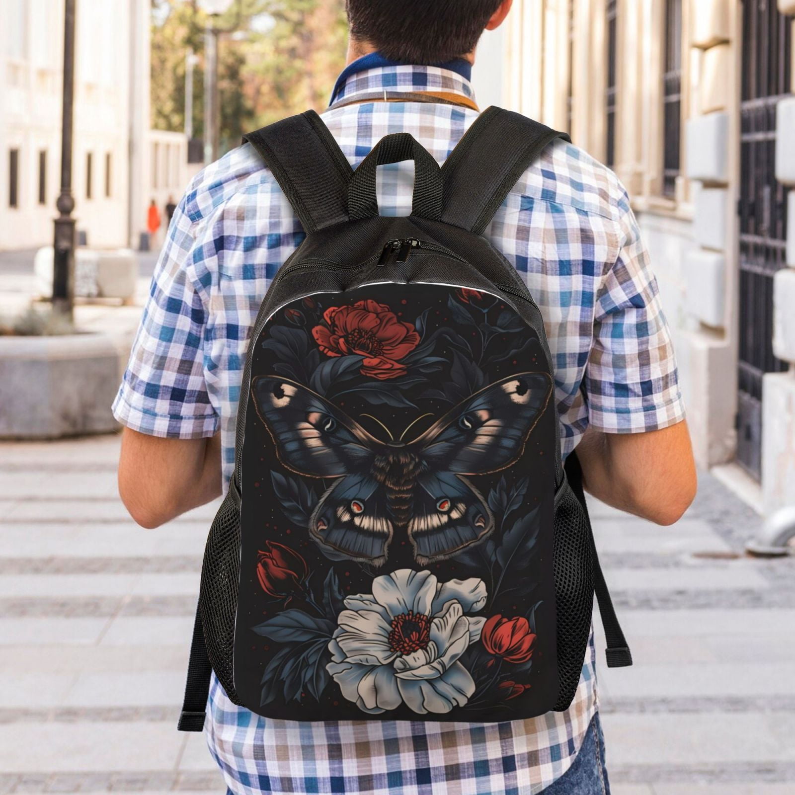 Xecao Midnight Butterfly Floral Dream Print School Backpack with Laptop Compartment Small Travel Laptop Backpack for Women Men Waterproof College Backpack Simple School Bag