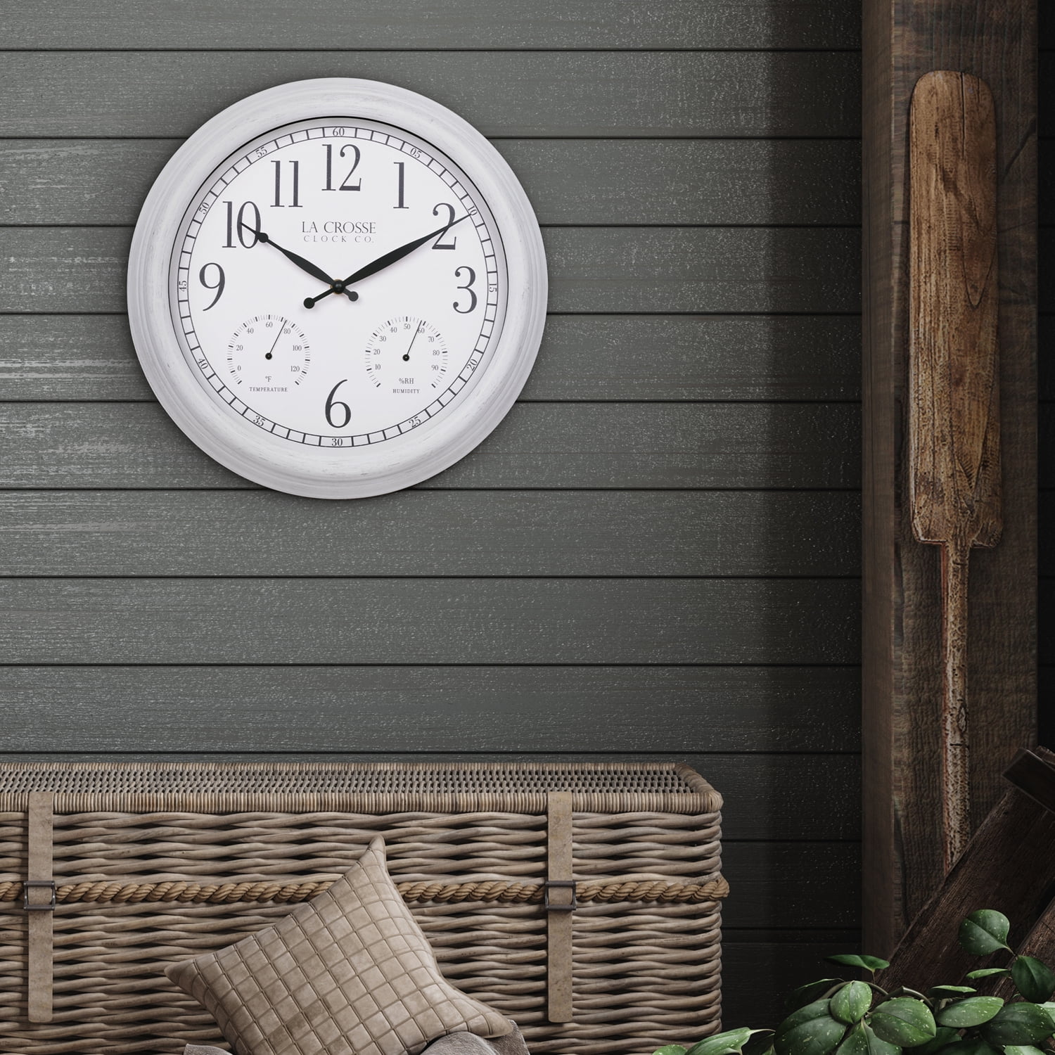 La Crosse Clock 15" Indoor/Outdoor Quartz Payton White Wall Clock with Temp & Humidity, 404-3015CC
