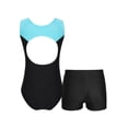 thumbnail image 2 of Xnihocha Girls Gymnastics Leotards with Shorts Dance Outfit Contrast Color Ballet Dance Bodysuit Blue Green&Black 4, 2 of 7