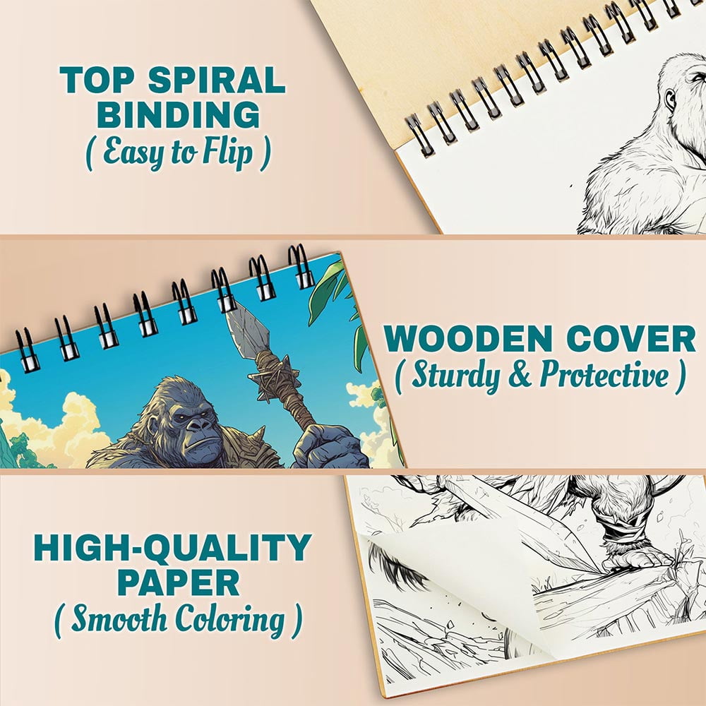 Netecom Gorilla Warrior Coloring Book for Adults, A5 Wooden Cover, 30 Bold and Dynamic Coloring Pages of Mighty Gorilla Warriors for Stress Relief and Relaxation, Spiral Bound Edition