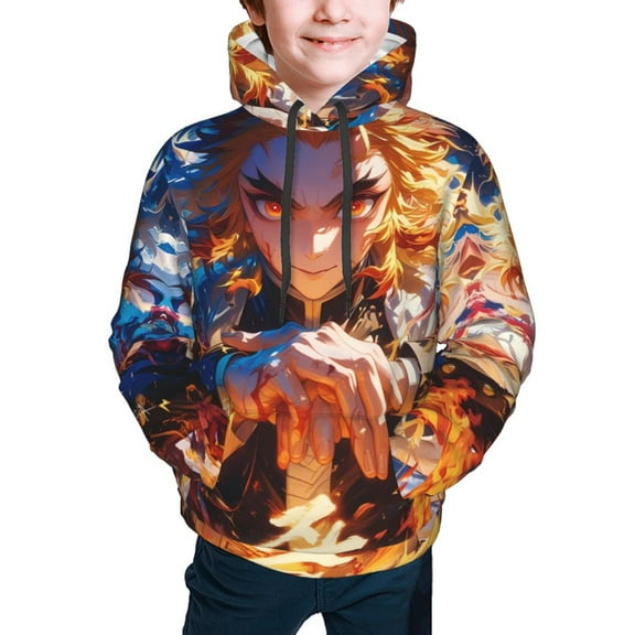 Demon Slayer Kyojuro Rengoku Kids' Hoodie 3d Print Sweatshirt Soft Pullover Hooded With Big Pockets For Boys Or Girls Small