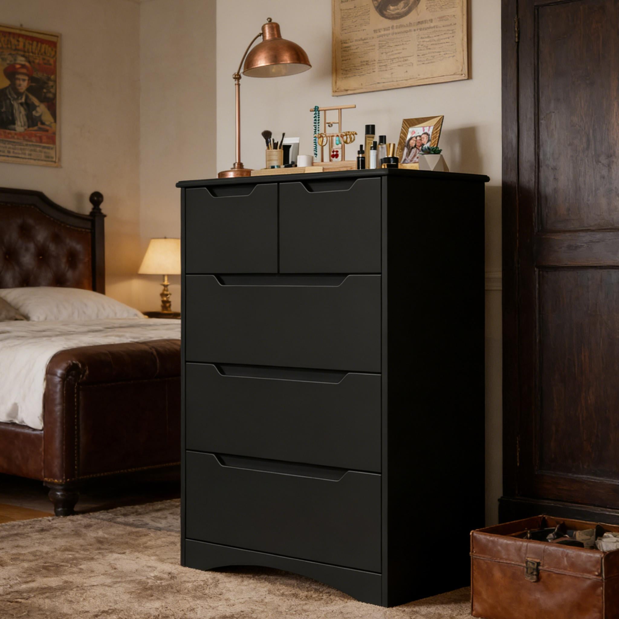 5 Drawers Dresser ,Wooden Storage Cabinet with Cutout Handles for Living Room|Hallway|Entryway|Guest Room,Black