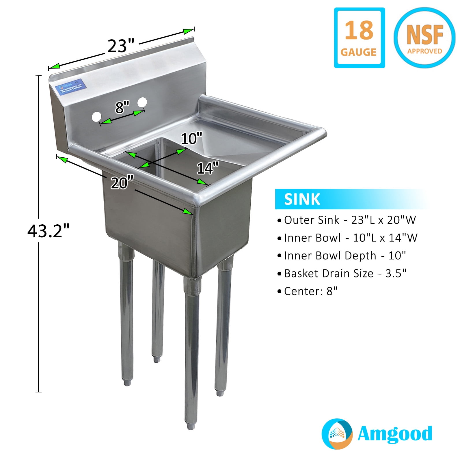 10″ x 14″ x 10″ with 10″ Right Drainboard One Compartment Stainless Steel Commercial Kitchen Prep & Utility Sink | NSF